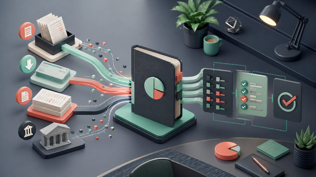 Editorial business scene illustrating small business bookkeeping software data flow