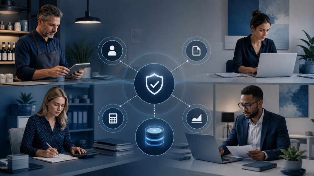 Editorial business scene illustrating small business bookkeeping software permission structure