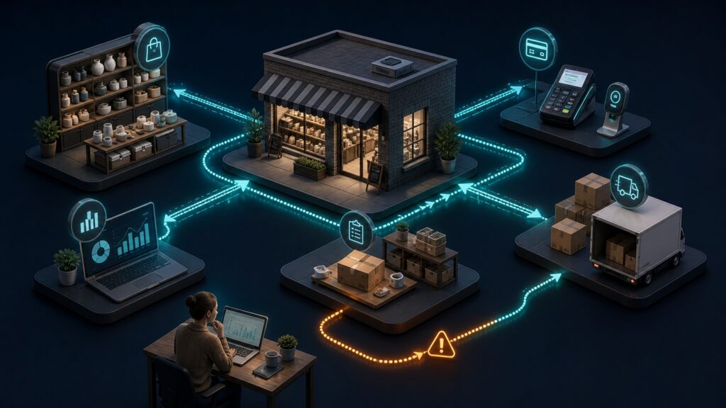Editorial business scene illustrating small business ecommerce platforms data flow