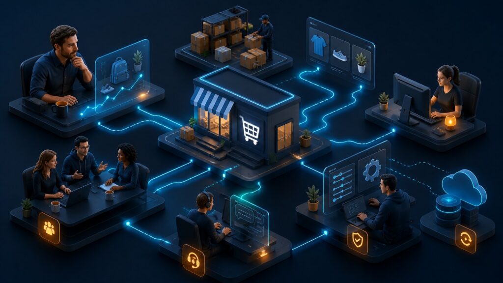 Editorial business scene illustrating small business ecommerce platforms operating model