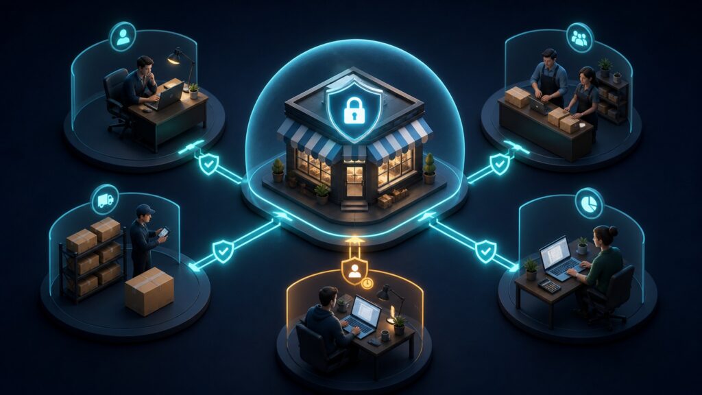 Editorial business scene illustrating small business ecommerce platforms permission structure