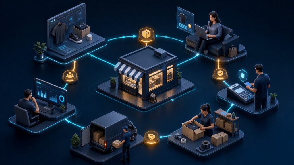 Editorial business scene illustrating small business ecommerce platforms workflow role