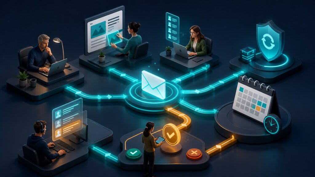Editorial business scene illustrating small business email marketing software operating model