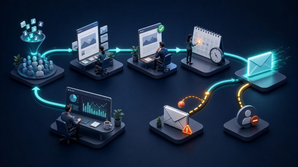 Editorial business scene illustrating small business email marketing software workflow role