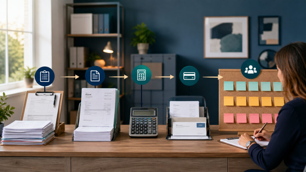 Editorial business scene illustrating small business invoicing software data flow