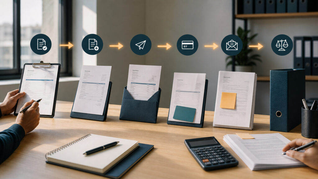 Editorial business scene illustrating small business invoicing software workflow role