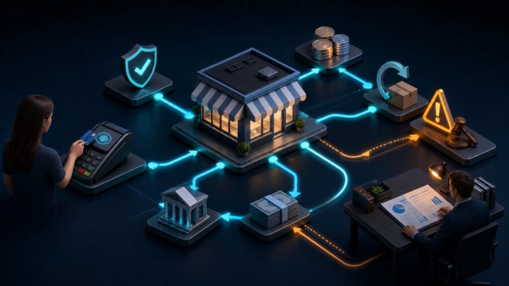 Editorial business scene illustrating small business merchant accounts data flow