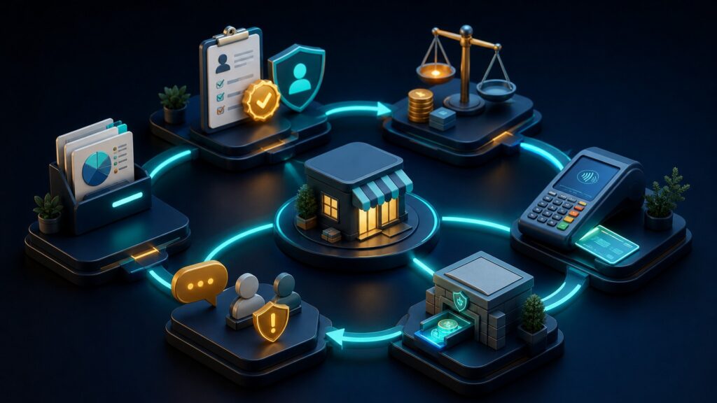 Editorial business scene illustrating small business merchant accounts operating model