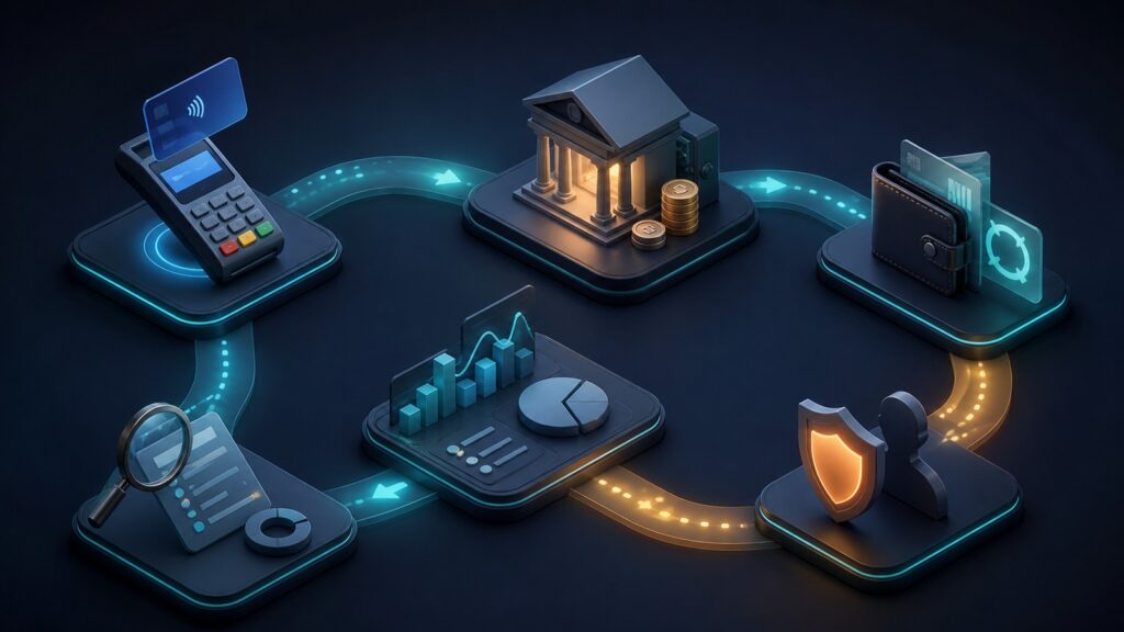 Editorial business scene illustrating small business merchant accounts workflow role
