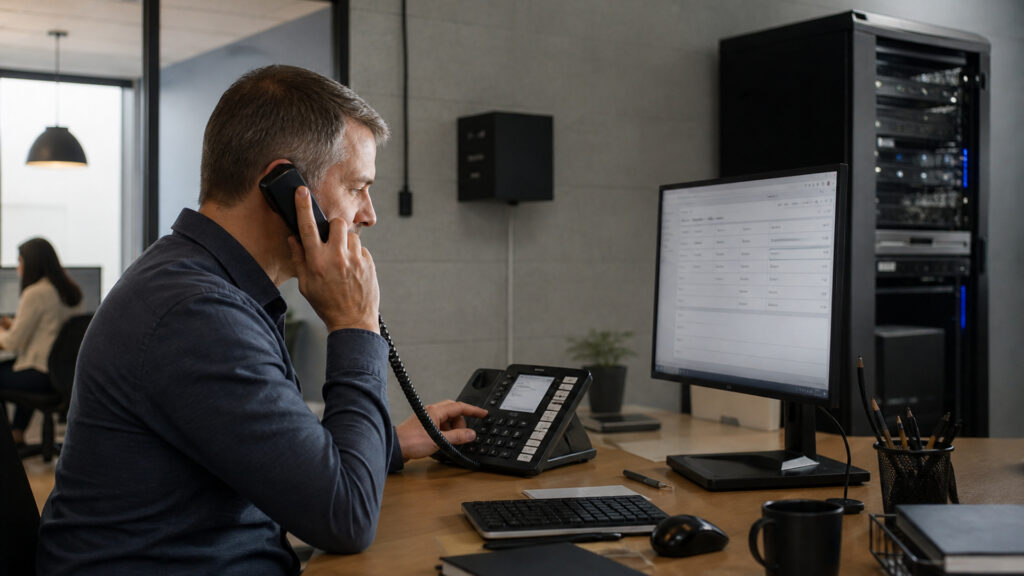 Editorial business scene illustrating small business voip systems data flow
