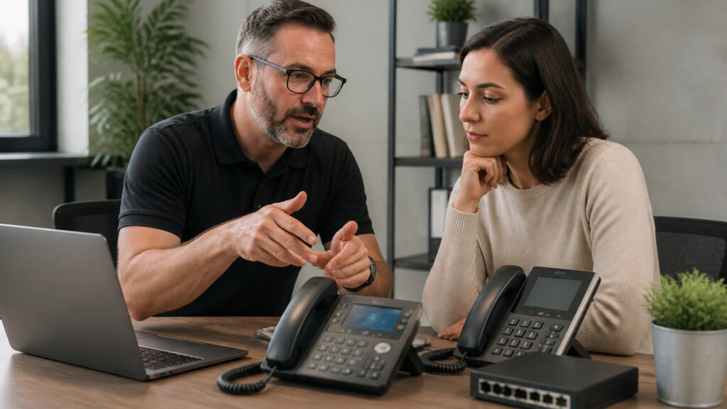 Editorial business scene illustrating small business voip systems operating model