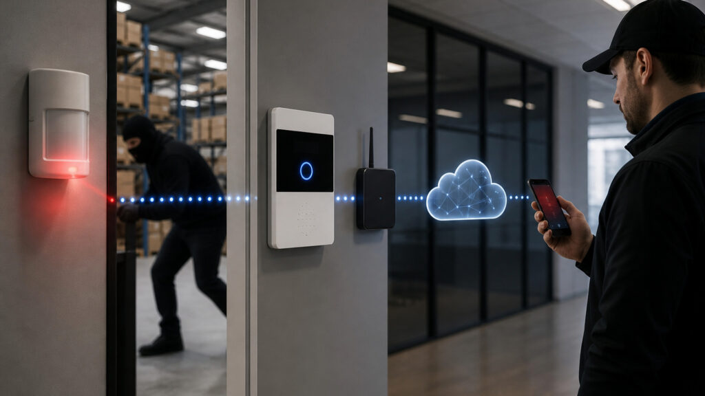 Editorial business scene illustrating smart business alarm systems data flow