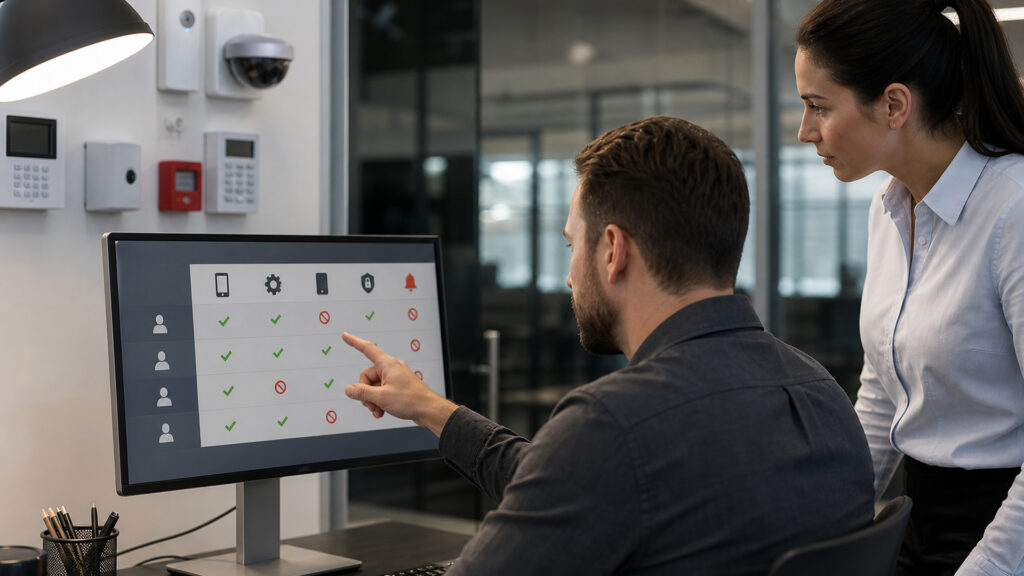 Editorial business scene illustrating smart business alarm systems permission structure