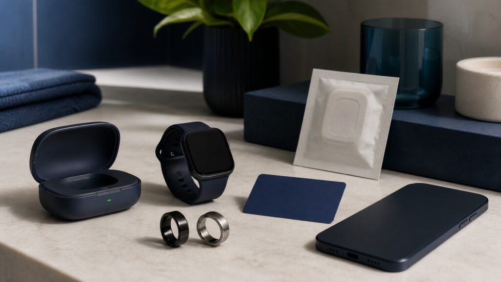 People-free editorial still life illustrating connected health-related estimates and notifications