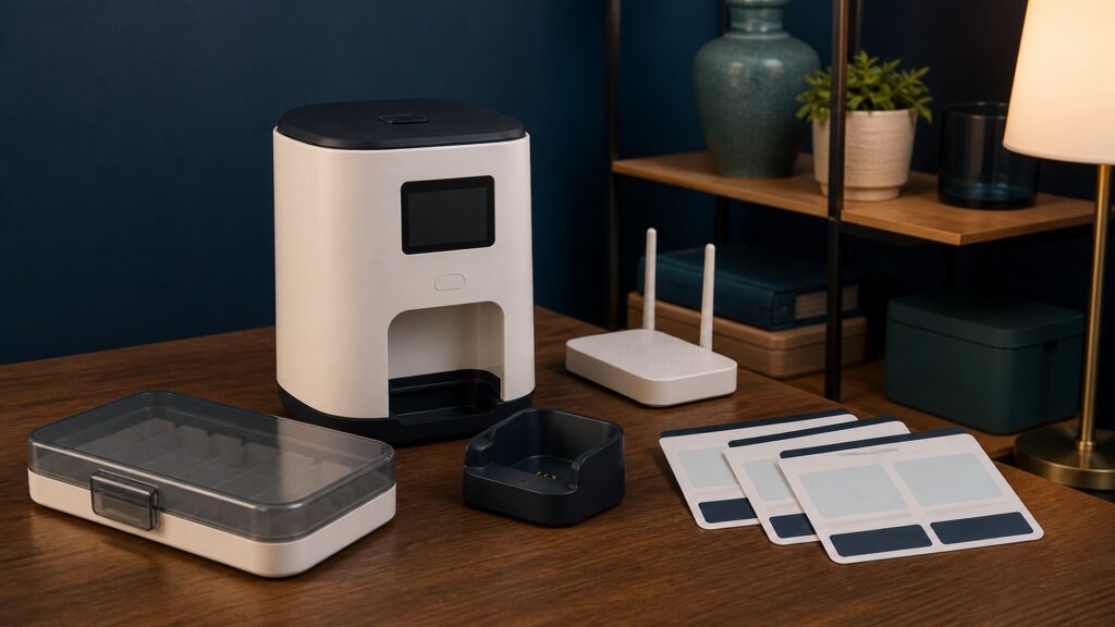 People-free editorial still life illustrating connected dispensing may support oversight but cannot guarantee ingestion and introduces network privacy and software failure modes