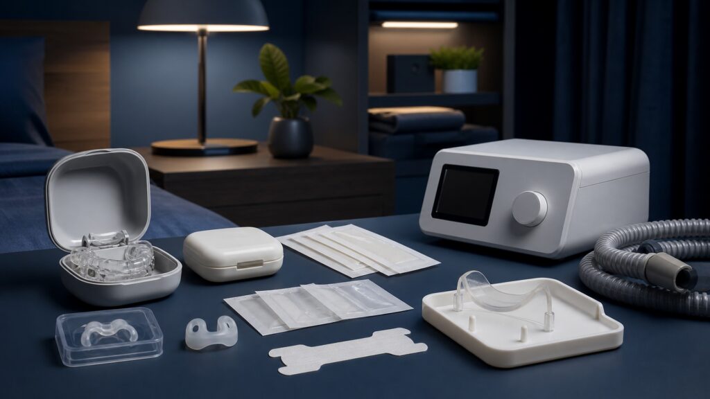 People-free editorial still life illustrating mechanism-specific support for a defined snoring or sleep-breathing condition