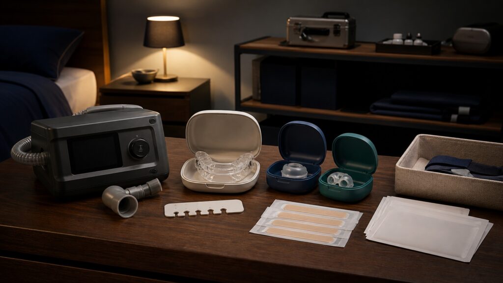 People-free editorial still life illustrating apnea warning fit dental nasal pressure tissue and delayed-care safety