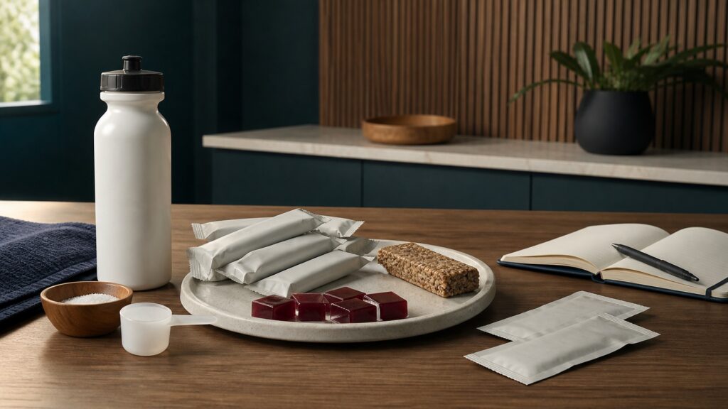 People-free editorial still life illustrating plan trial portion time train and review cycle