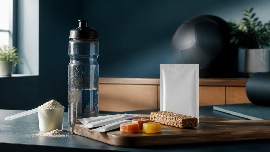 People-free editorial still life illustrating activity-specific fuel and recovery contribution