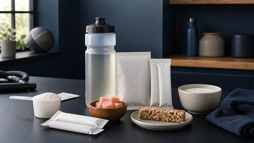 People-free editorial still life illustrating carbohydrate protein sodium caffeine timing and training context