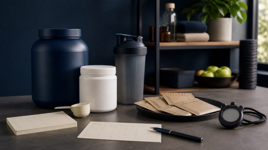People-free editorial still life illustrating train fuel verify introduce test record hydrate recover and reassess cycle
