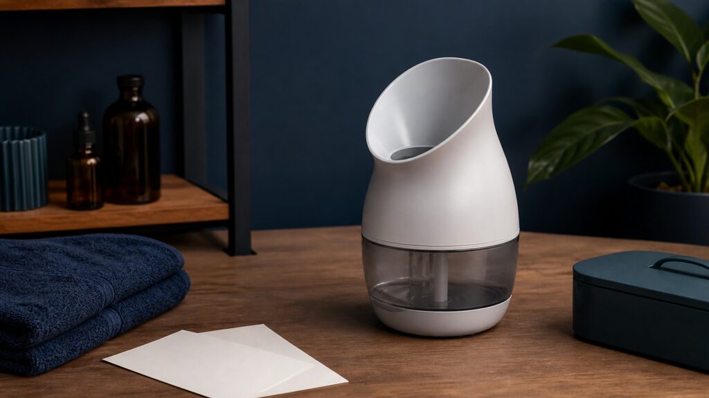 People-free editorial still life illustrating heated humidified air may feel soothing for some people but has not shown consistent benefit for the common cold and carries thermal risk