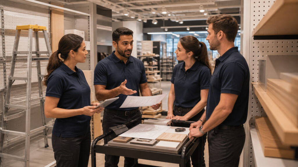 Editorial business scene illustrating store fixtures operating model