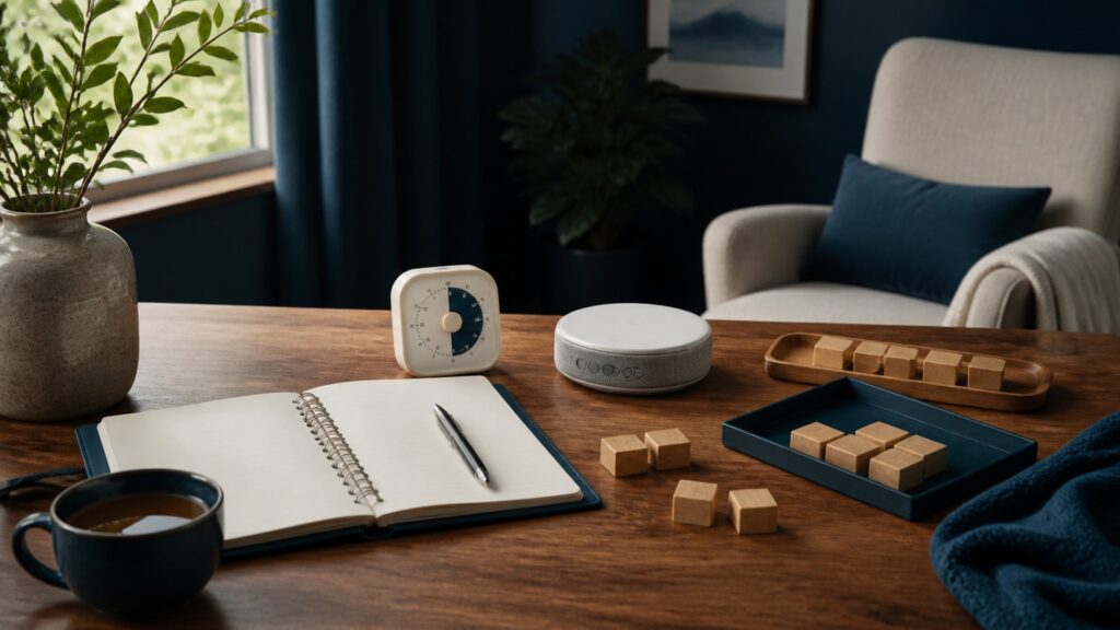 People-free editorial still life illustrating stress management