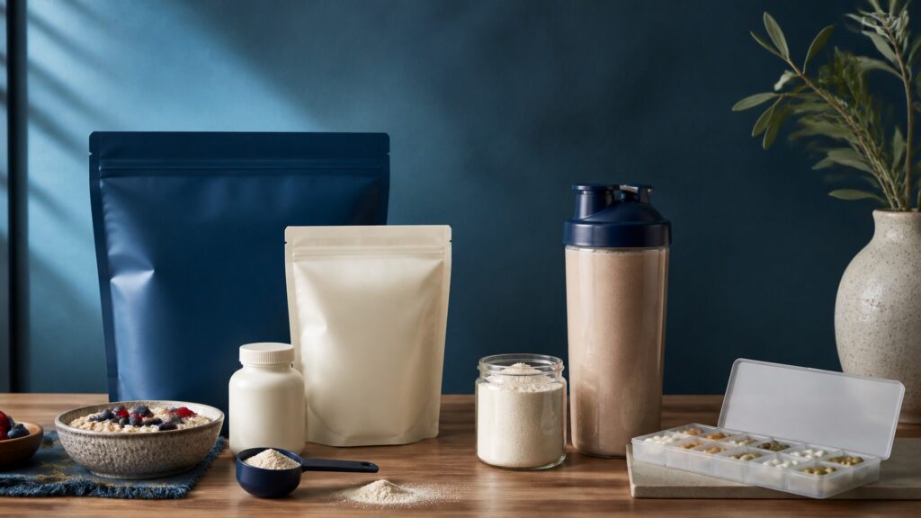 People-free editorial still life illustrating supplement nutrition