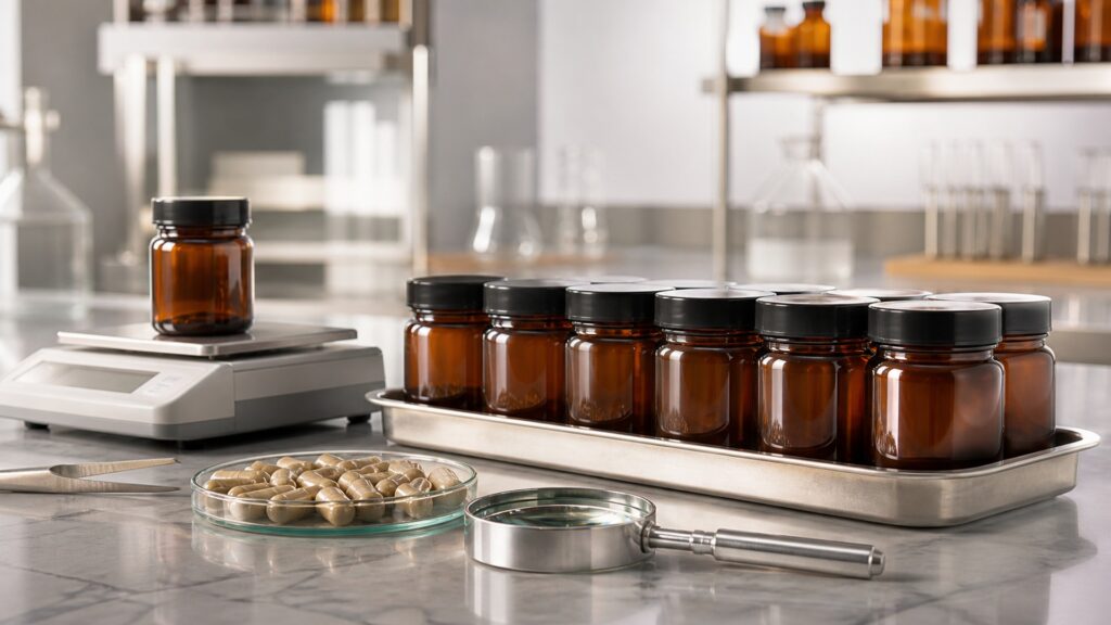 People-free editorial still life illustrating supplement quality