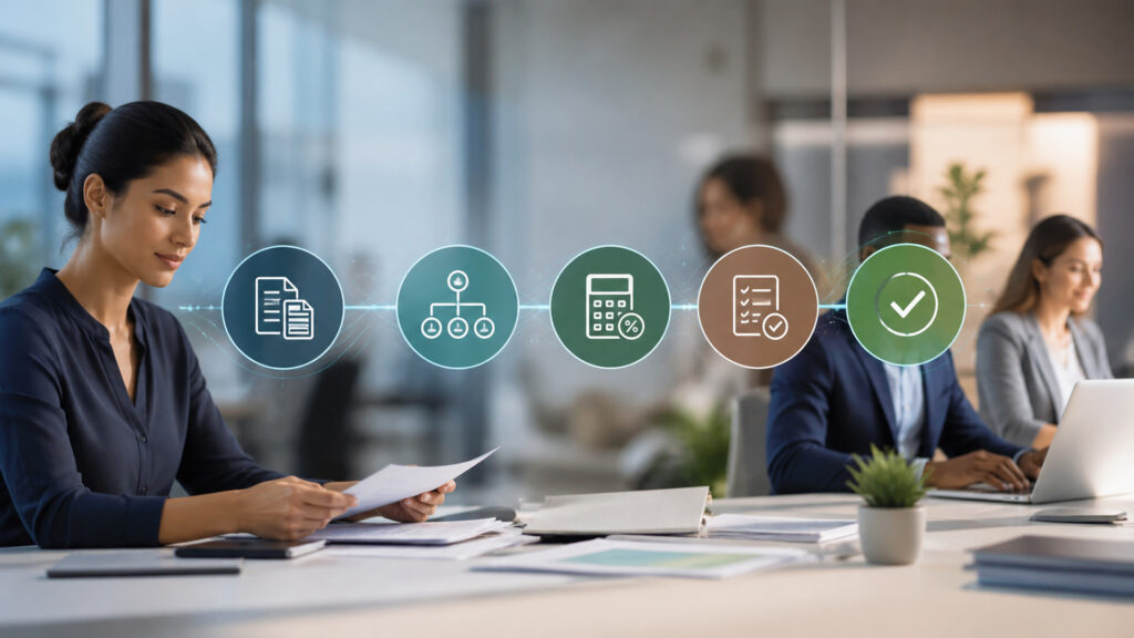 Editorial business scene illustrating tax preparation software data flow