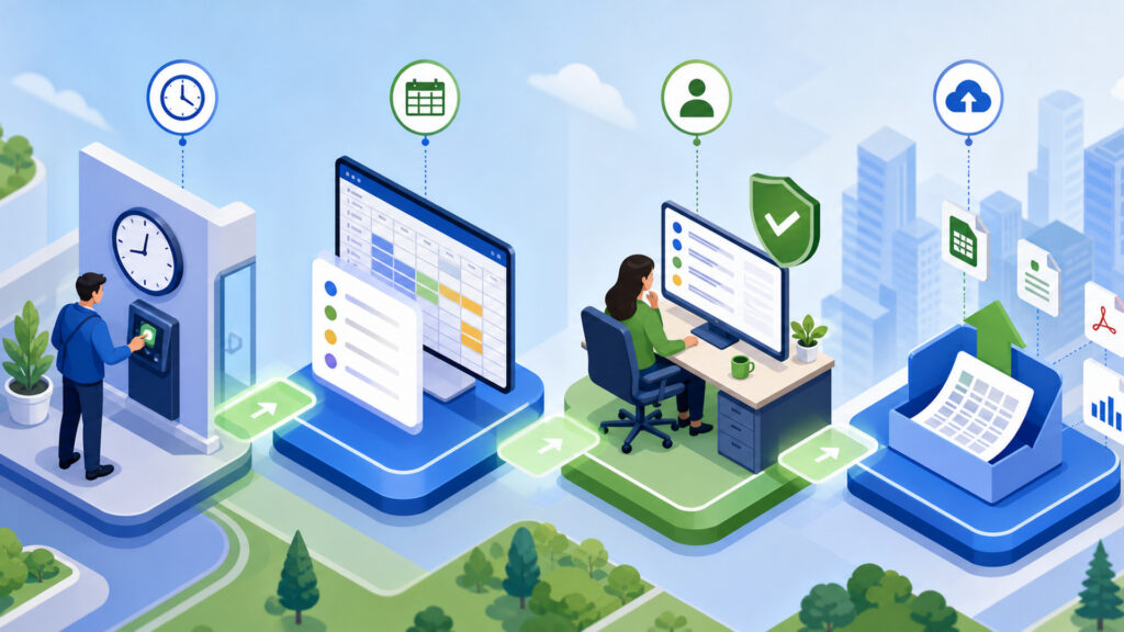 Editorial business scene illustrating time tracking software workflow role