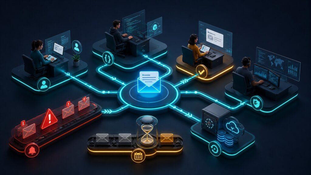 Editorial business scene illustrating transactional email platforms operating model