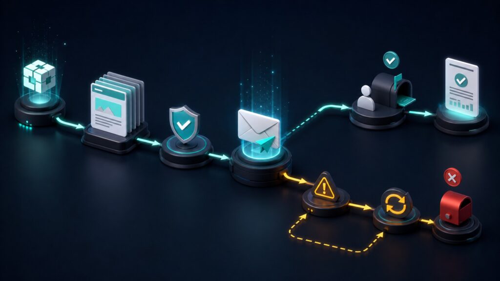 Editorial business scene illustrating transactional email platforms workflow role