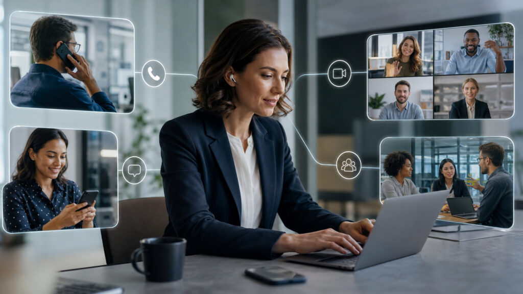 Editorial business scene illustrating unified communications
