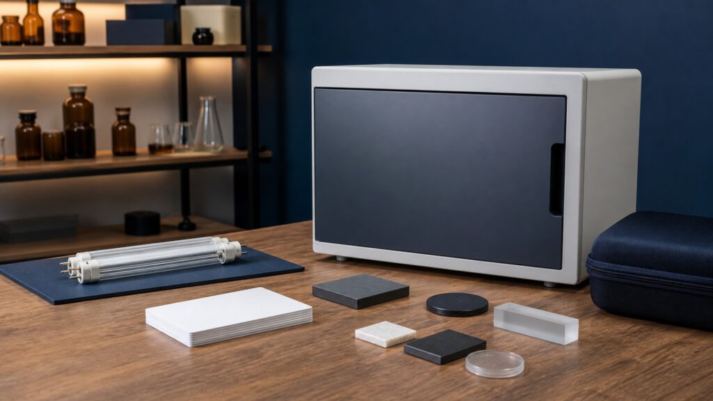 People-free editorial still life illustrating application wavelength irradiance distance time dose coverage shadowing lamp age interlock and validation
