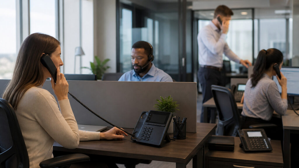 Editorial business scene illustrating virtual pbx systems data flow