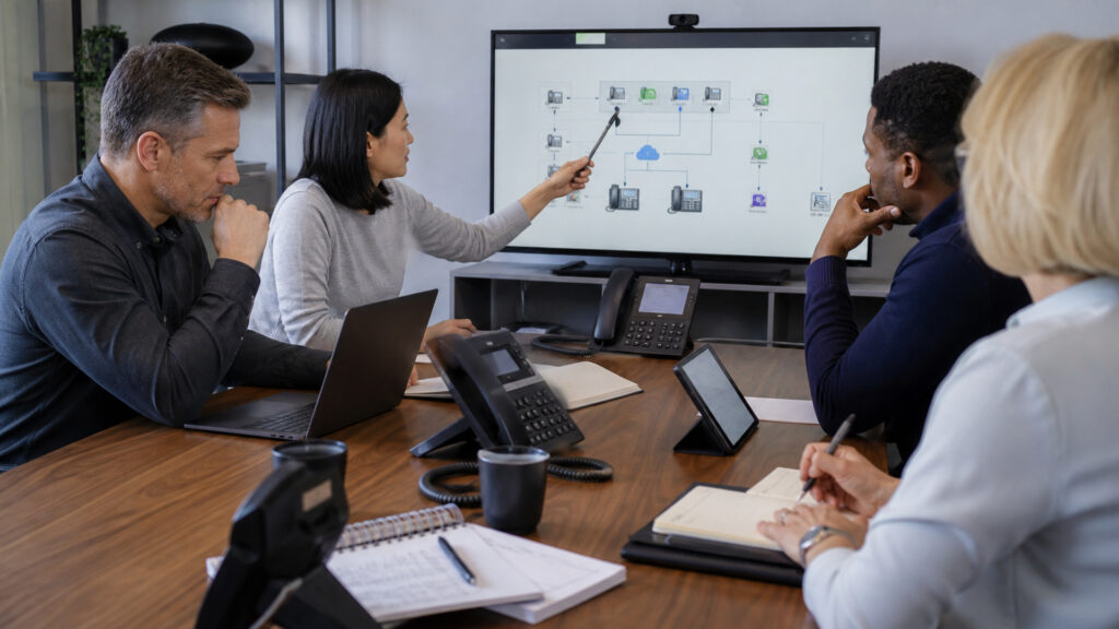 Editorial business scene illustrating virtual pbx systems operating model