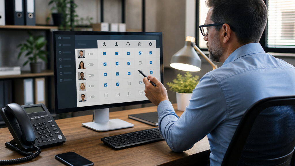 Editorial business scene illustrating virtual pbx systems permission structure