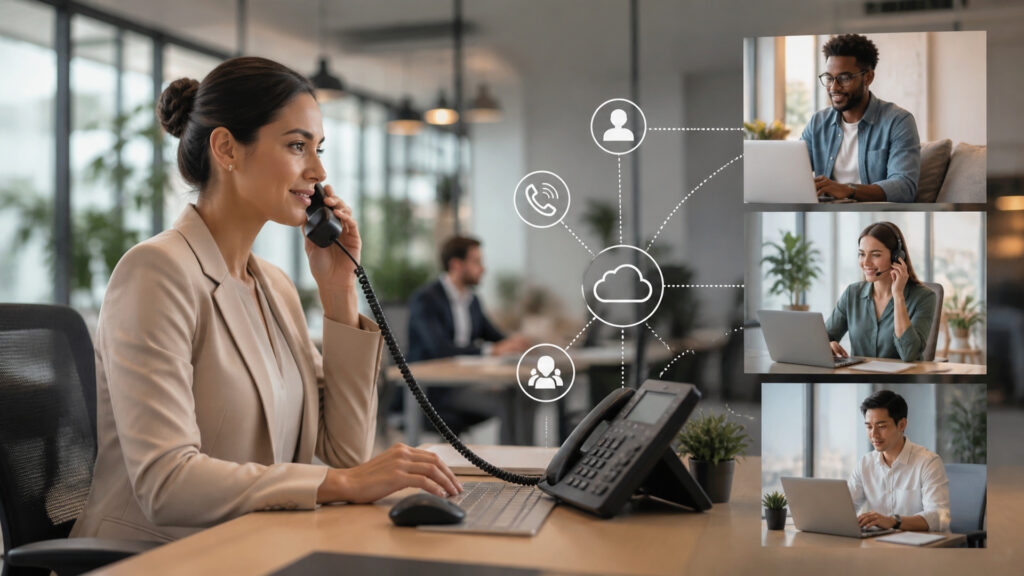 Editorial business scene illustrating virtual phone systems operating model
