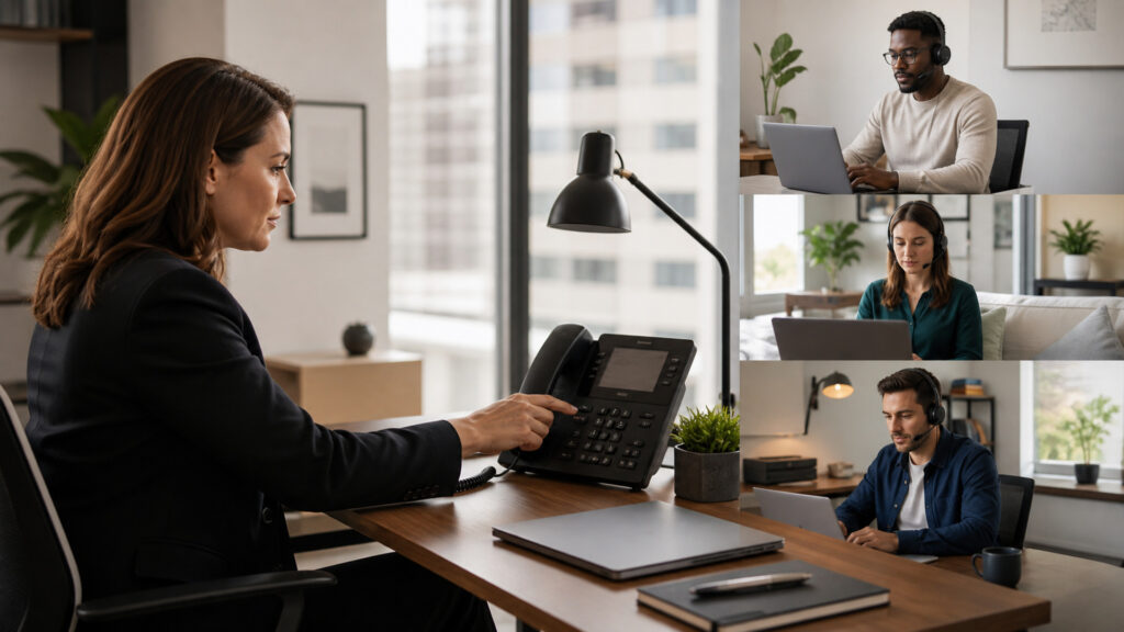 Editorial business scene illustrating virtual phone systems permission structure