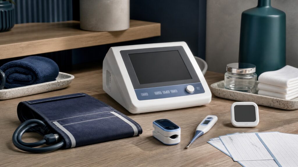 People-free editorial still life illustrating structured measurement of core physiologic signs