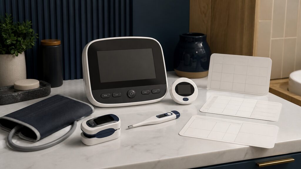 People-free editorial still life illustrating sign sensor placement size rest artifact units baseline and symptoms