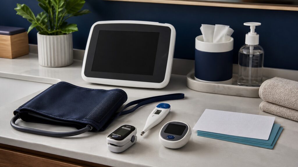 People-free editorial still life illustrating symptom override artifact cuff probe cleaning age-setting and urgency safety