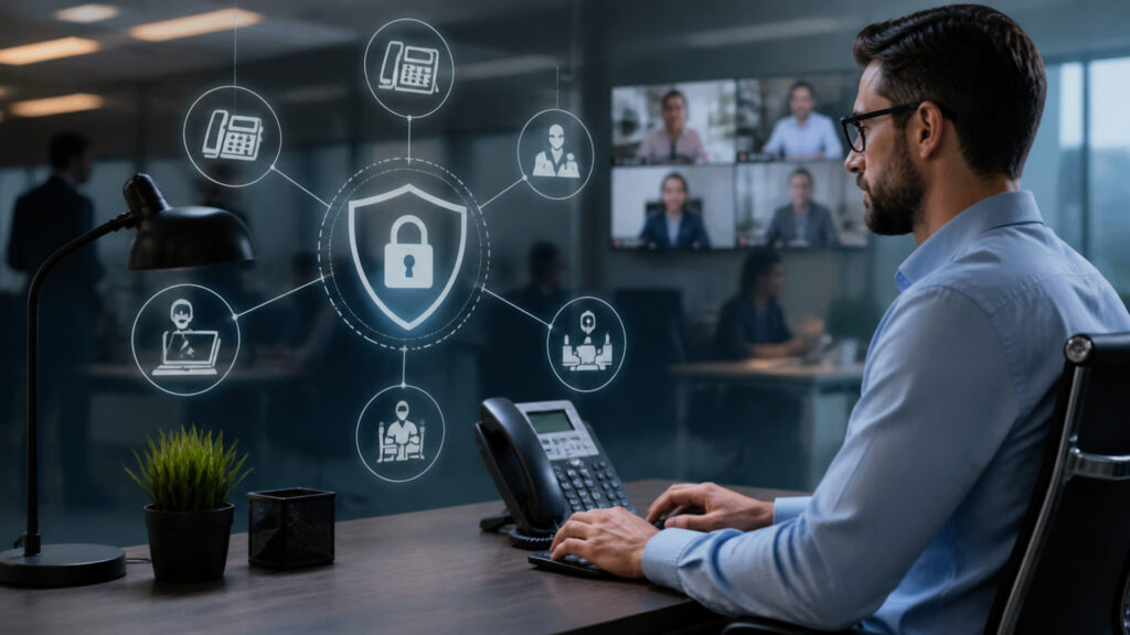 Editorial business scene illustrating voip phone systems permission structure