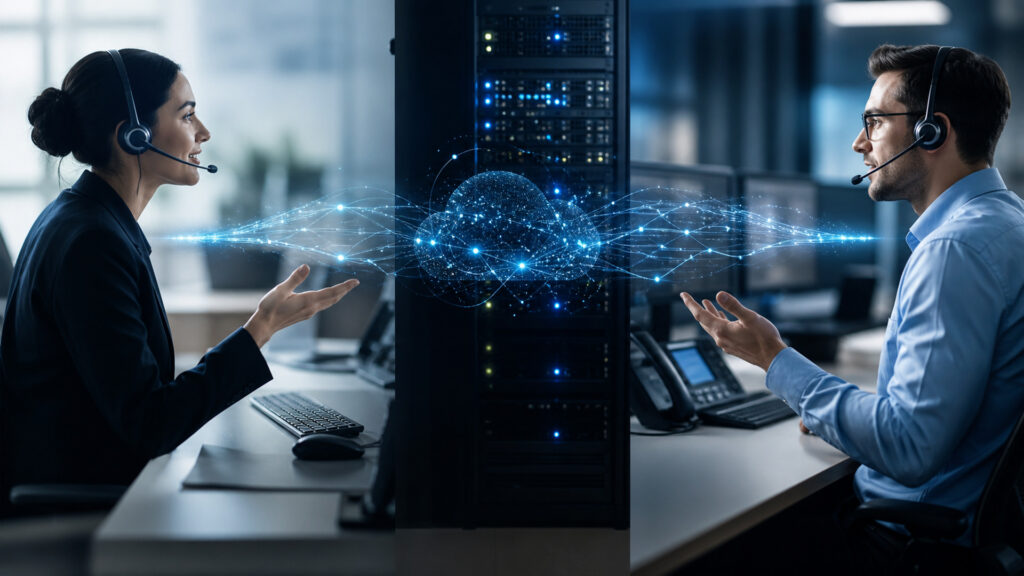 Editorial business scene illustrating voip technology