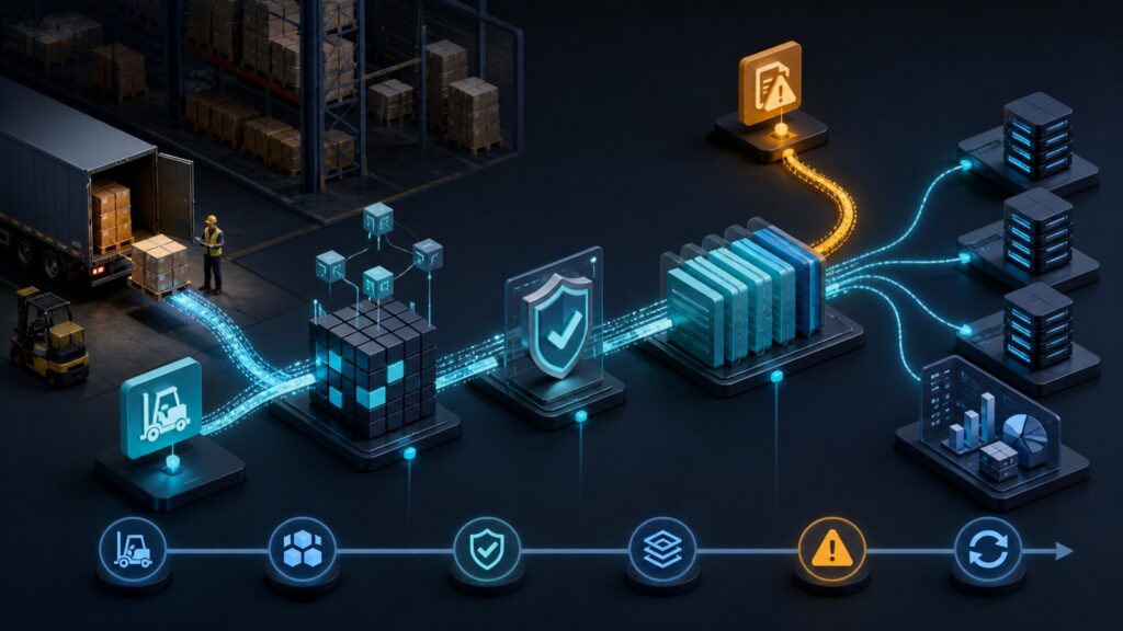 Editorial business scene illustrating warehouse inventory software data flow