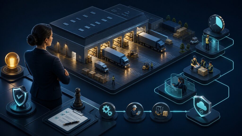 Editorial business scene illustrating warehouse inventory software operating model