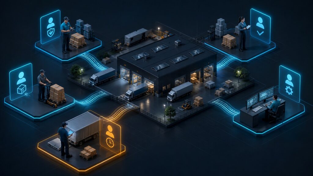 Editorial business scene illustrating warehouse inventory software permission structure