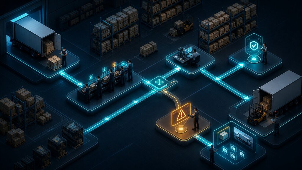 Editorial business scene illustrating warehouse inventory software workflow role